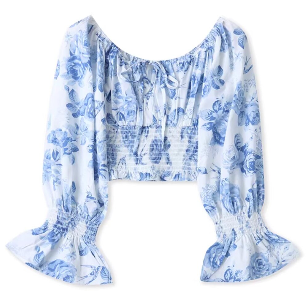 NWOT Boho Floral Smocked elastic Waist Cropped Blouse Square Neck tie-front bow